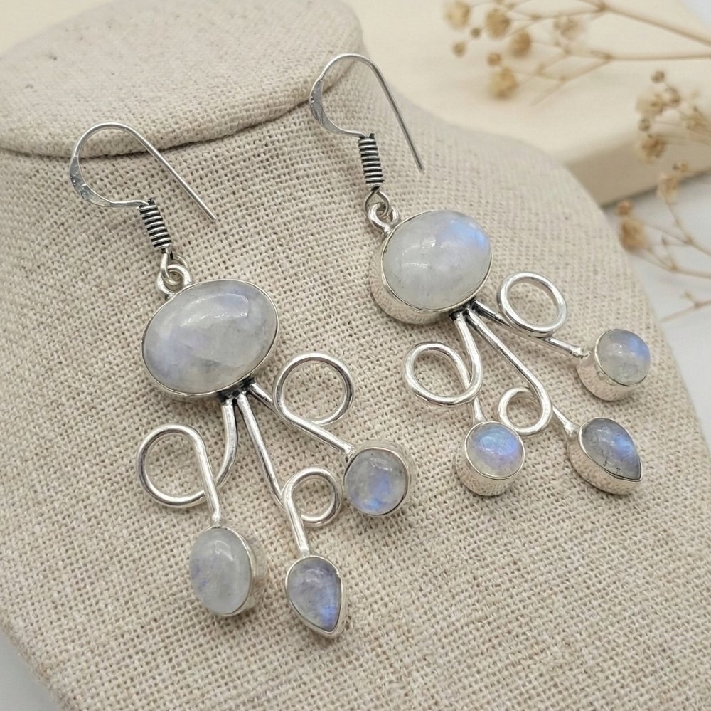 925 Sterling Silver Moonstone Dangle Earrings Artisan Boho Swirl Drop Gift 2.2" - Picture 14 of 14